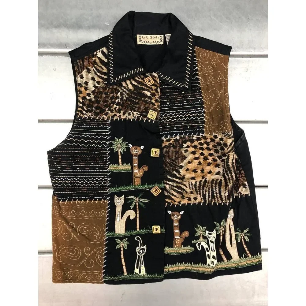 Life Style Vest Womens Small Black Button Up Animal Print Safari Cats Embroidery